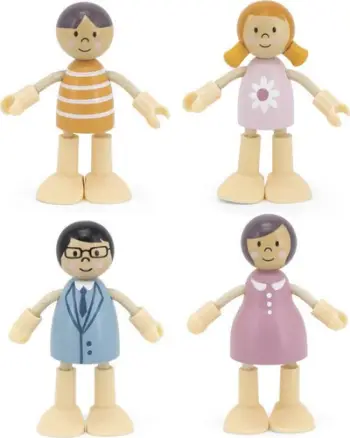 Set lodrash Viga Toys Wooden Dolls Doll Family, familje kukullash druri, duar dhe këmbë të lëvizshme, ngjyra pastel