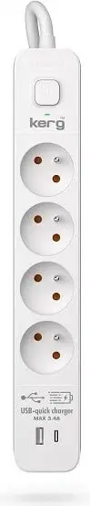 Shirit rryme KERG me ndërprerës qarku, 4 porta USBC+USBA, 16A, 3m, Bardhë