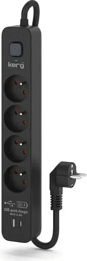 Shtrirës KERG me ndërprerës, 4 USB-C+USB-A, 16A, 3m, Zi