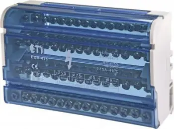 Zbarrë elektrike me 15 terminale, ETI EDB-415, 125 A, 4 poli, 400 V, 500 V izolim, 20 kA shkyçje, 50 × 133 × 88 mm, e hirtë