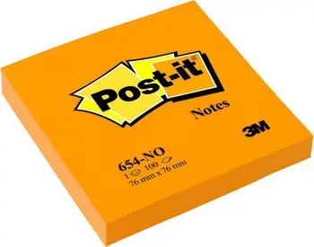 Bllok ngjitës Post-it 3M 654N, 76x76mm, 100 fletë, portokalli i ndezur