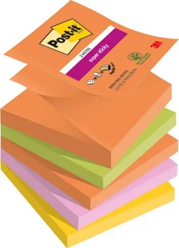 Shënime vetëngjitëse 3M Post-it Super Sticky Z-Notes BOOST, 76x76mm, 5x90 fletë, shumëngjyrëshe