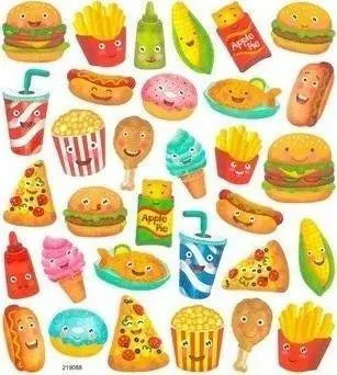 Stikera me shkëlqim DP Craft Glitter Stickers Snacks, 32 copë, 15 x 17 cm, shumëngjyrëshe
