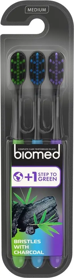 Set furçash dhëmbësh Biomed, 3 copë, qime medium me qymyr aktiv, shumëngjyrëshe
