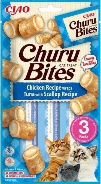 Churu Bites, shpërblime për mace, me përmbajtje pule & tuna & mollusqe