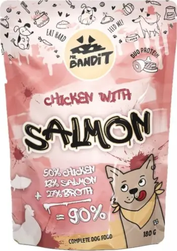 Ushqim i lëngshëm për qen Mr. Bandit pule & salmon, 180 gr