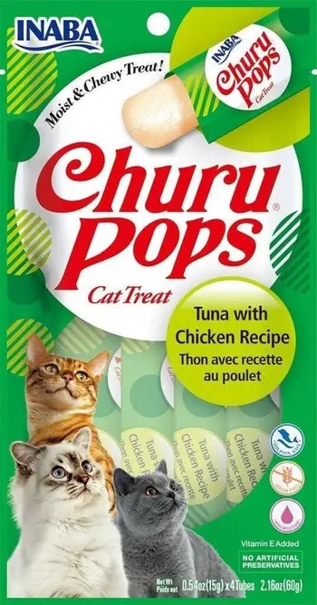 Shujtë për mace Churu Pops, ton dhe mish pule, 4x15g