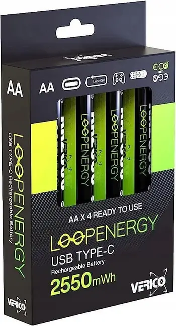 Bateri rikarikueshme Verico LoopEnergy USB C AA, 1700mAh, paketë 4 copë, e bardhë