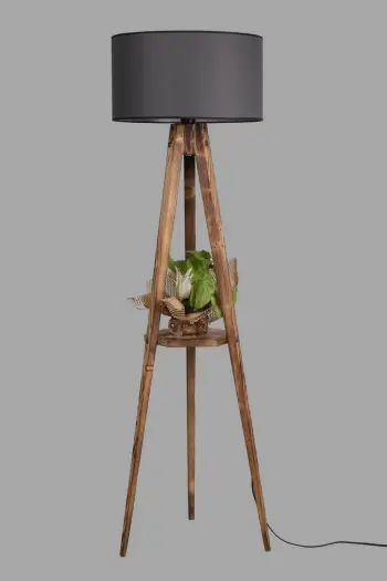 Llambë dyshemeje Opviq, tripod me rafte, abazhuri cilindrik, ngjyrë kafe dhe gri e errët