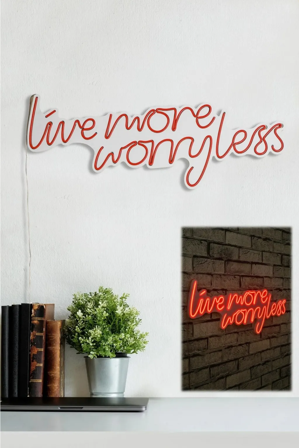 Dekor dritash LED plastike, 'Live More Worry Less', ngjyrë e kuqe - 5