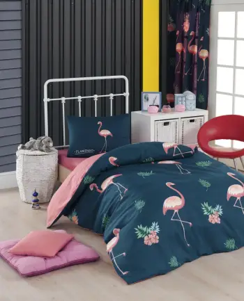 Set mbulesë për jorgan, flamingo të mëdha, ngjyrë kaltër e errët