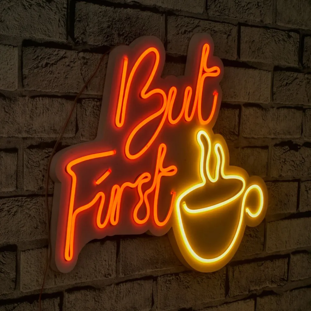 Dritë dekorative LED për mur, plastikë, But First Coffee, e kuqe dhe e verdhë - 2