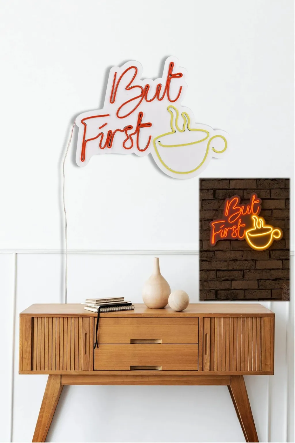 Dritë dekorative LED për mur, plastikë, But First Coffee, e kuqe dhe e verdhë - 5