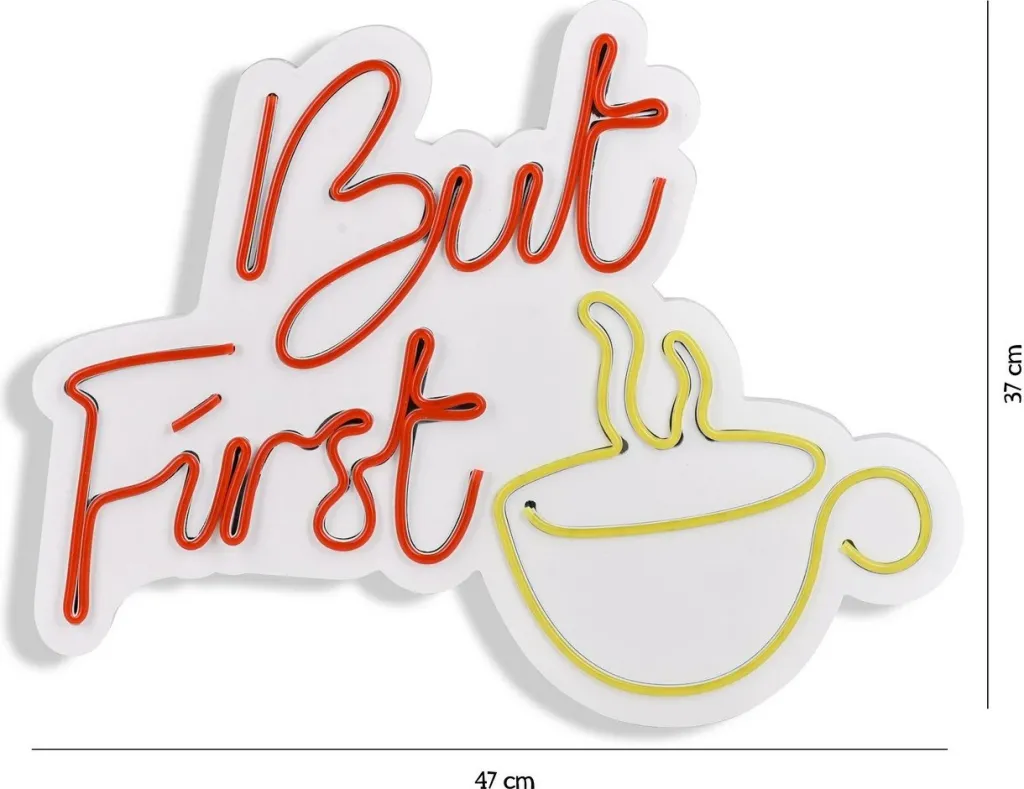 Dritë dekorative LED për mur, plastikë, But First Coffee, e kuqe dhe e verdhë - 9