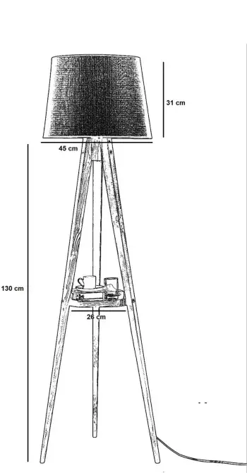 Llambë dyshemeje Opviq, tripod, trup druri, abazhuri i zi, raft