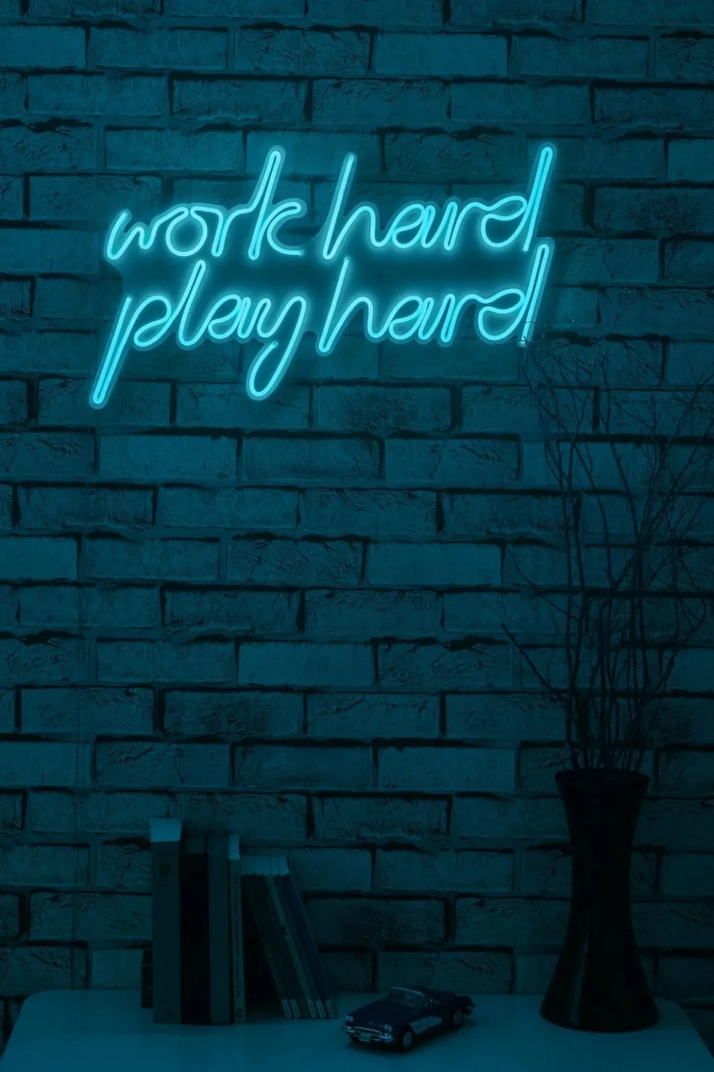 Dekor dritash LED plastike, ngjyrë kaltër, 'work hard play hard' - 5