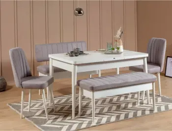 Set tavoline me karrige për ngrënie, e zgjatshme, Hanah Home, Vina e bardhë, Soho gri, 5 pjesë