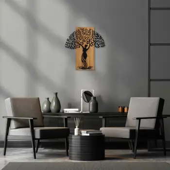 Aksesor dekorativ muri prej druri, Wallity, Woman Tree 3, ngjyrë arre, e zezë, 54x58cm