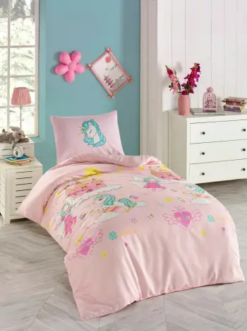 Set mbulesë për jorgan single, Unicorn Dreams, rozë