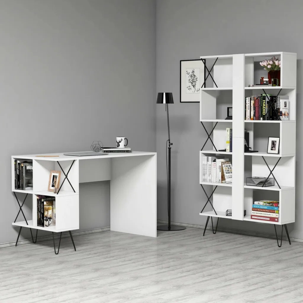 Set tavoline studimi me raft librash, Hanah Home, Hera, e bardhë - 1