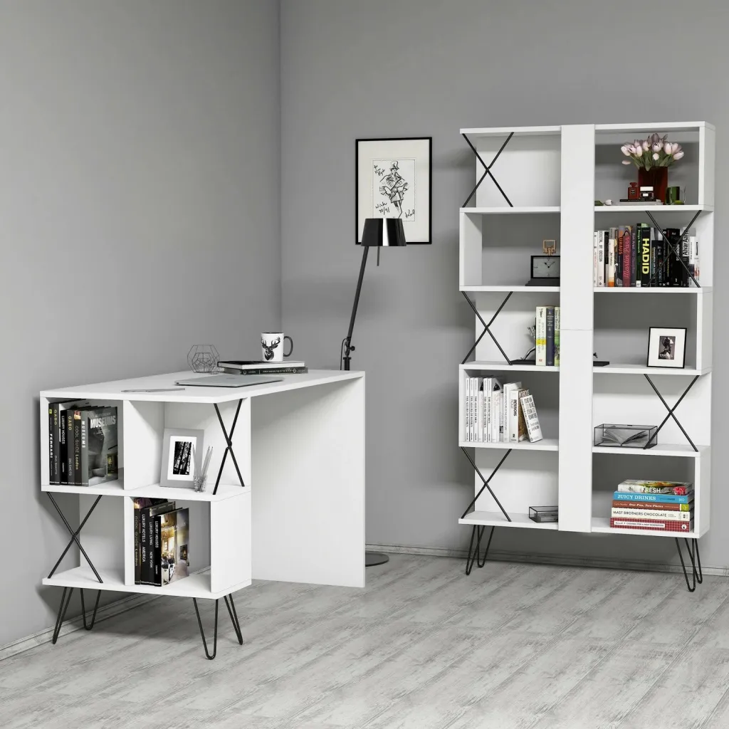 Set tavoline studimi me raft librash, Hanah Home, Hera, e bardhë - 2