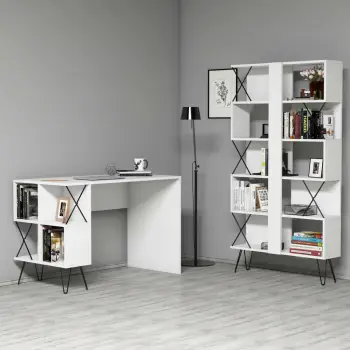 Set tavoline studimi me raft librash, Hanah Home, Hera, e bardhë