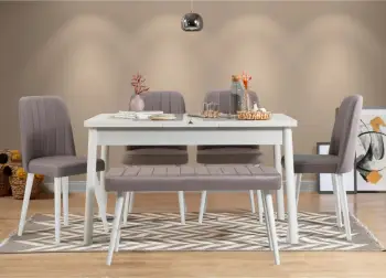 Set tavolinë me karrige të zgjatshme, Hanah Home, Santiago, e bardhë-gri, 6 copë