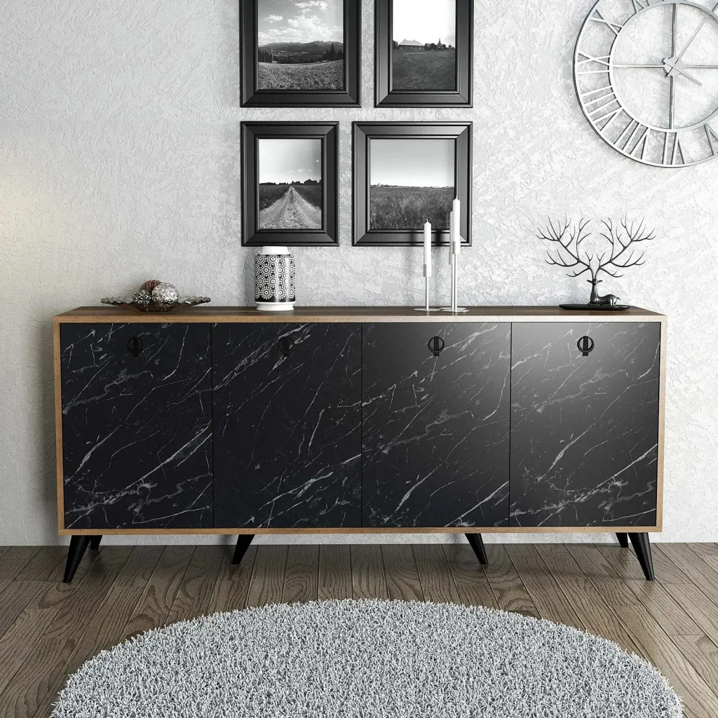 Konsolë Elite, ngjyrë arre dhe mermer i zi, 180x80x45cm - 1