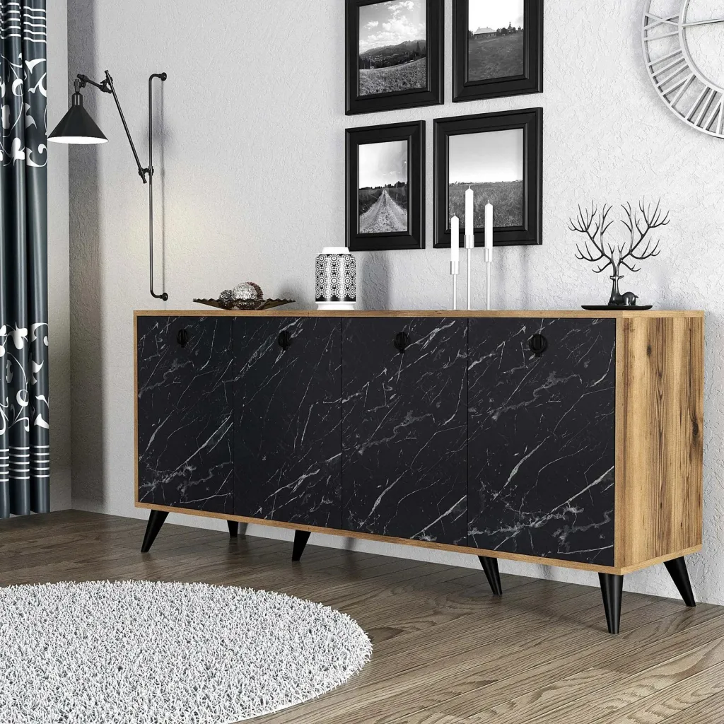 Konsolë Elite, ngjyrë arre dhe mermer i zi, 180x80x45cm - 2
