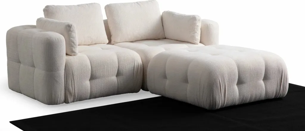 Këndare Amaris me 2 ulëse dhe pouffe, e bardhë - 1