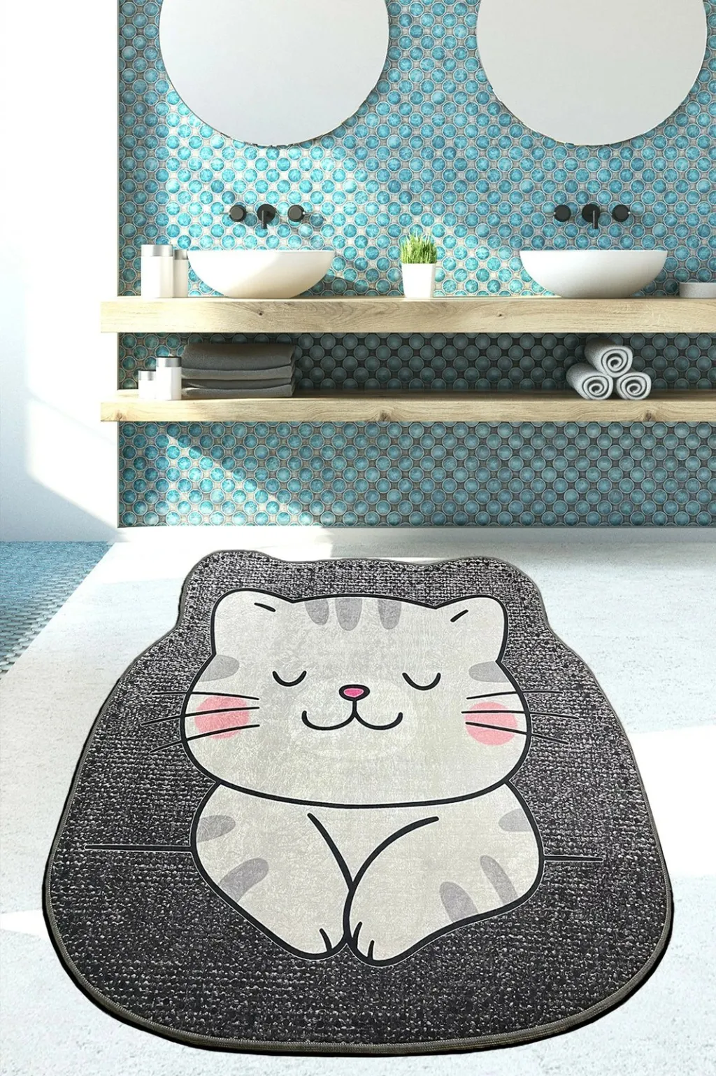 Tapet për banjo, model mace Neko, ngjyrë gri, 100x100cm - 1