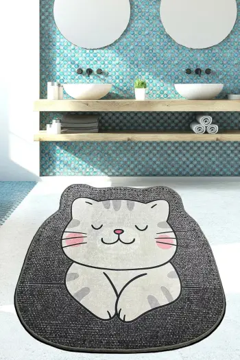 Tapet për banjo, model mace Neko, ngjyrë gri, 100x100cm