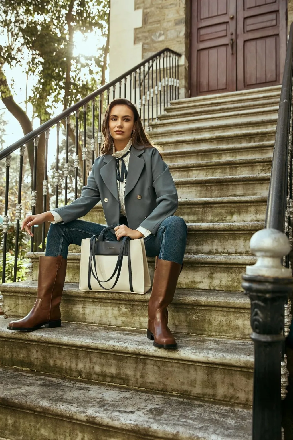 Tote bag Vince Camuto, Umbria, krem dhe kaltër e errët - 8