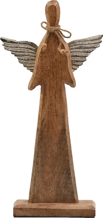 Dekor për Krishtlindje, engjëll me krahë, dru mango natyral, alumin argjendi, 21x6x43cm
