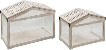 Set dy copësh shtëpiza dekorative prej druri dhe xhami, ngjyrë e bardhë e larë, 46x26x34 cm