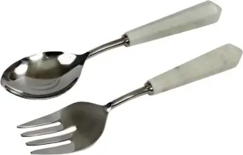 Set për shërbim sallate, 2 copë, çelik dhe mermer i bardhë, 28x7x3cm