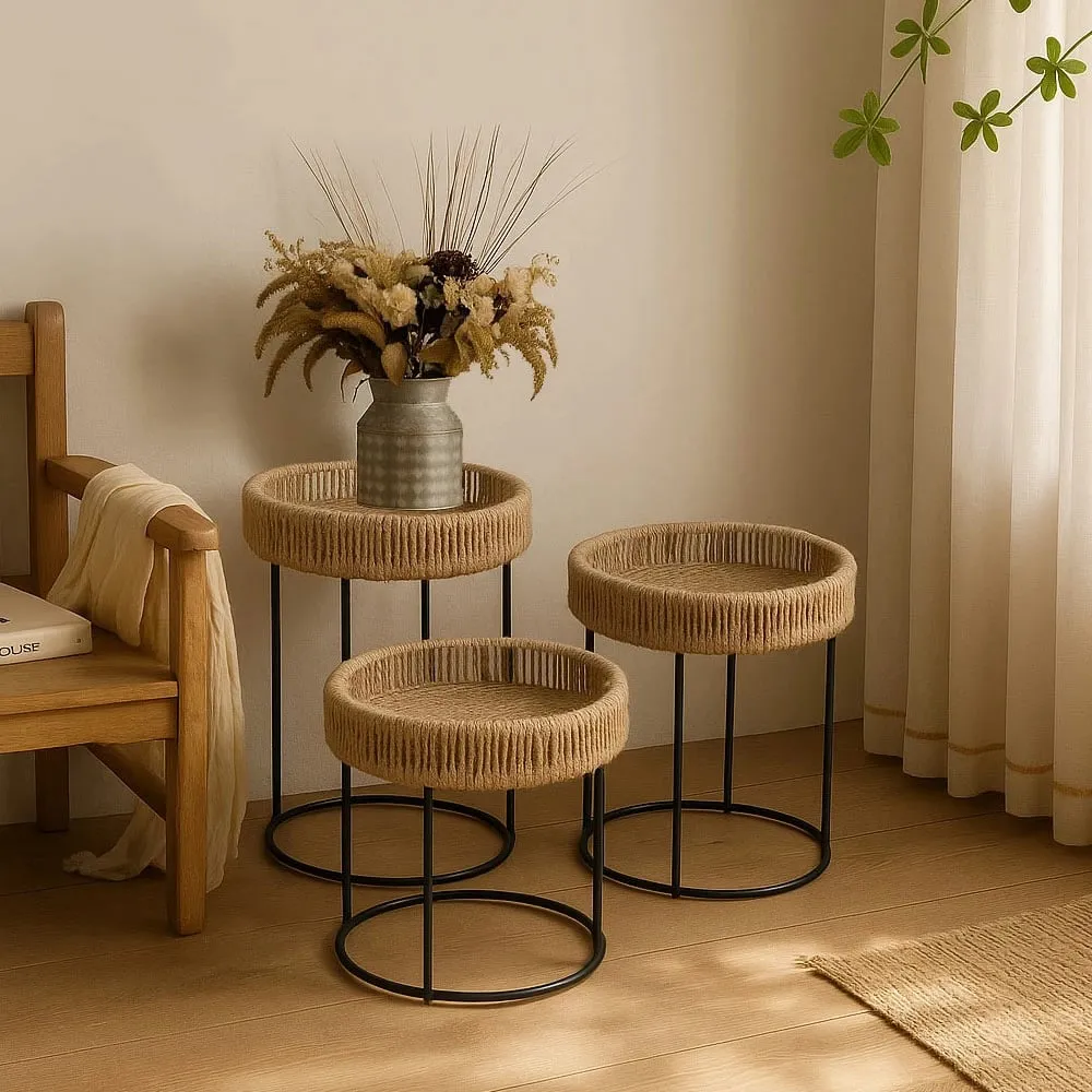 Set tavolinash Thasos, 3 copë, natyrale/zeza, 40x40x51cm - 2