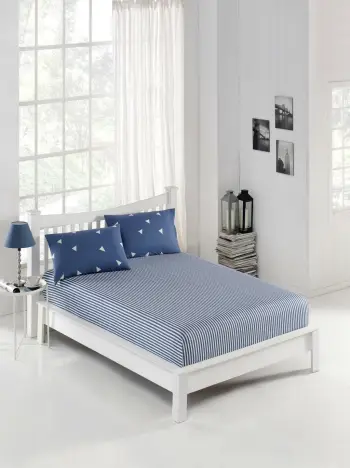 Set çarçafësh dopio L'essentiel, model trekëndësh, blu dhe bardhë