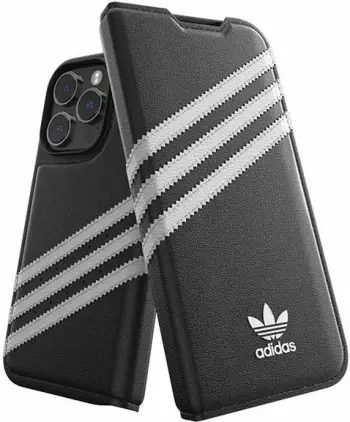 Këllëf booklet Adidas për iPhone 14 Pro, lëkurë PU, me xhep karte, i zi