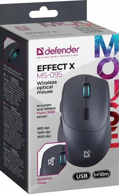 Mouse pa tela Defender EFFECT X MS-095, 1600DPI, klikime të heshtura, i zi - 3