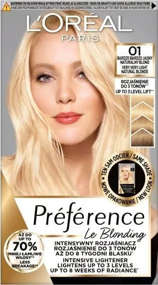 Ngjyrë për flokë L'Oreal Paris Preference Le Blonding për femra 01 Shumë Shumë E Çelur Natyrale Blonde, 1 copë - 1