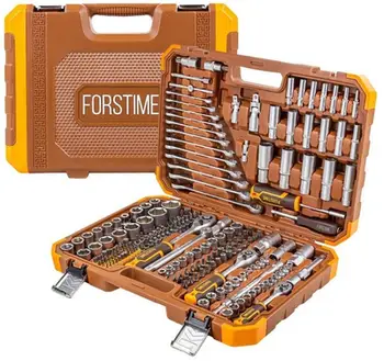 Set veglash Forstime 216 copë, çelësa dhe bita, valixhe plastike, gri