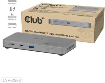 Docking station Club 3D CSV-2563 Thunderbolt 5, 5 në 1, portabël, gri