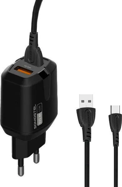 Karikues NETWORK, 2xUSB, 2.4A, 12W, i zi + kabllo USB-C SOMOSTEL, 1m, e zezë - 1