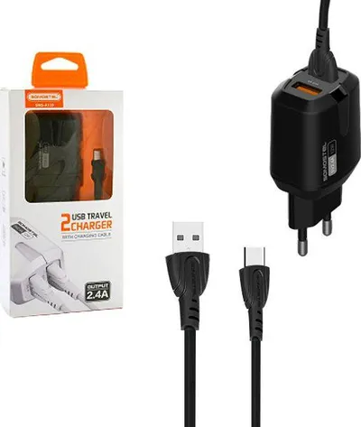 Karikues NETWORK, 2xUSB, 2.4A, 12W, i zi + kabllo USB-C SOMOSTEL, 1m, e zezë - 2