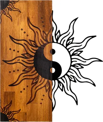Dekor murale yin-yang, metal i zi, dru natyral, FH4756, 50x3x58cm