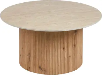 Tavolinë kafeje TWIL, sipërfaqe qeramike, pamje guri travertin, bazë MDF, Φ84x39cm