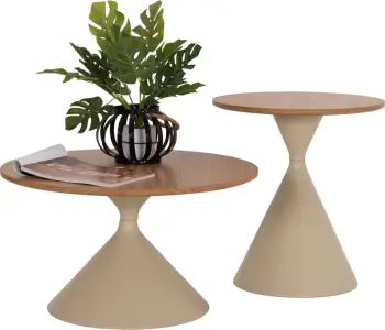 Set 2 tavolina kafeje JENNEL(X), metal ngjyrë shampanje, MDF ngjyrë druri natyral, FH18308.04, Φ50x55.5cm & Φ70x40cm