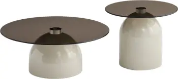 Set 2 tavolina kafeje BELLINS, bazë metalike bezhë, sipërfaqe xhami, FH18313.04, Φ50cm & Φ80cm