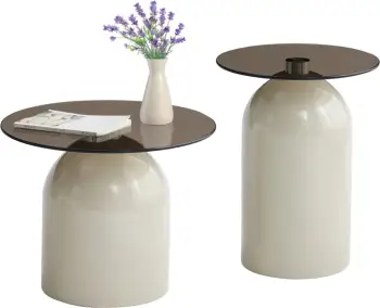 Set 2 tavolina kafeje Bellins, bazë metalike bezhë, sipërfaqe xhami, FH18314.04, Φ50cm & Φ39.5cm
